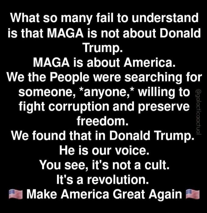 What so many fail to understand is that MAGA is not about Donald Trump. MAGA is about America. We the People were searching for someone, *anyone,* willing to fight corruption and preserve freedom. We found that in Donald Trump. He is our voice. You see, it's not a cult. It's a revolution. Make America Great Again