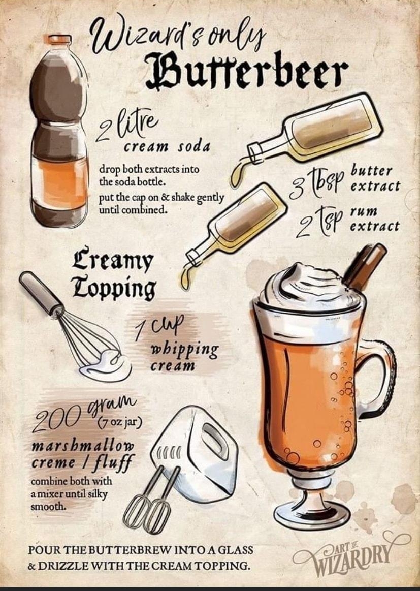 TWizaids only Butrerbeer_ 2 cream soda doplat camenin b putthe cap on shake gencly i ST b P 7o cream 200 L marshmallow creme fluff ol wit POUR THEBUTTERBREW INTO A GLASS 2DRY DRIZZLE WITHTHE CREAM TOPPING 178