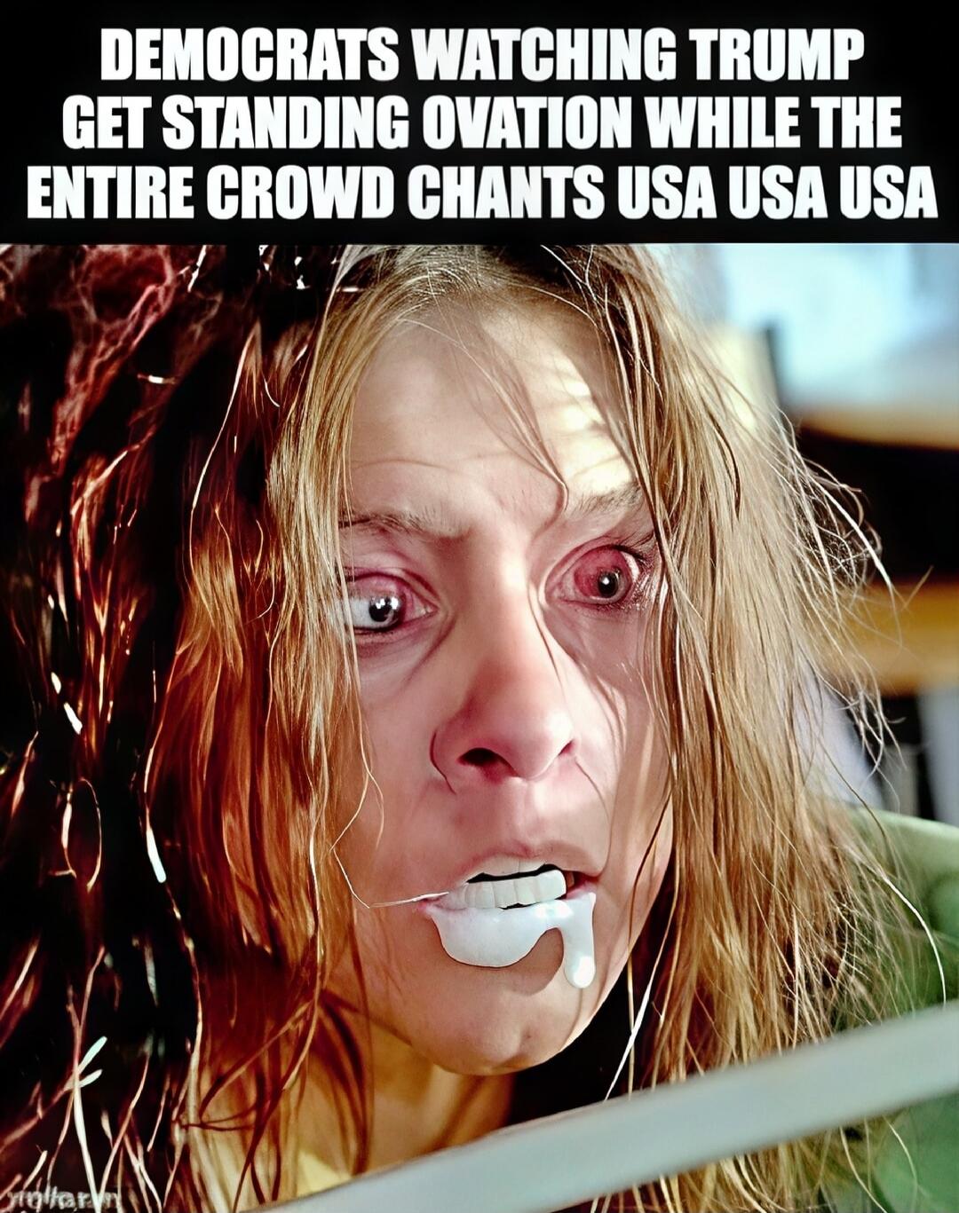 DEMOCRATS WATCHING TRUMP GET STANDING OVATION WHILE THE ENTIRE CROWD CHANTS USA USA USA