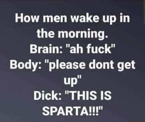 How men wake up in the morning Brain ah fuck Body please dont get up Dick THIS IS SPARTAN