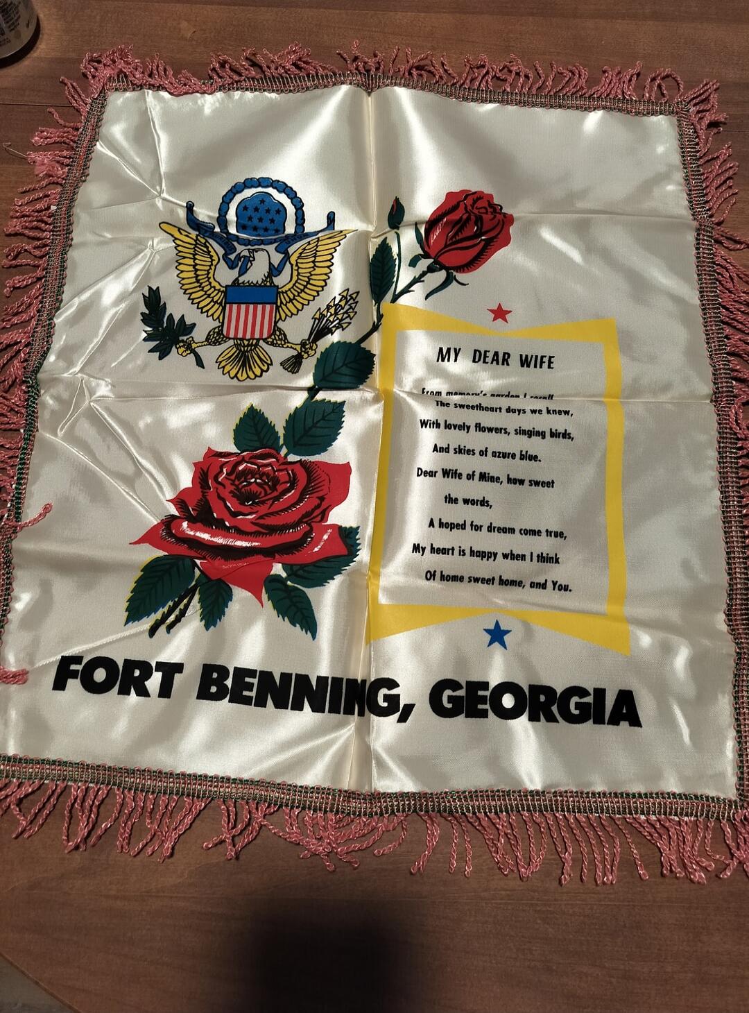 MY DEAR WIFE
From memory's garden I recall
The sweetheart days we knew,
With lovely flowers, singing birds,
And skies of azure blue.
Dear Wife of Mine, how sweet
the words,
A hoped for dream come true,
My heart is happy when I think
Of home sweet home, and You.
FORT BENNING, GEORGIA
(Image also features an American military emblem and two red roses