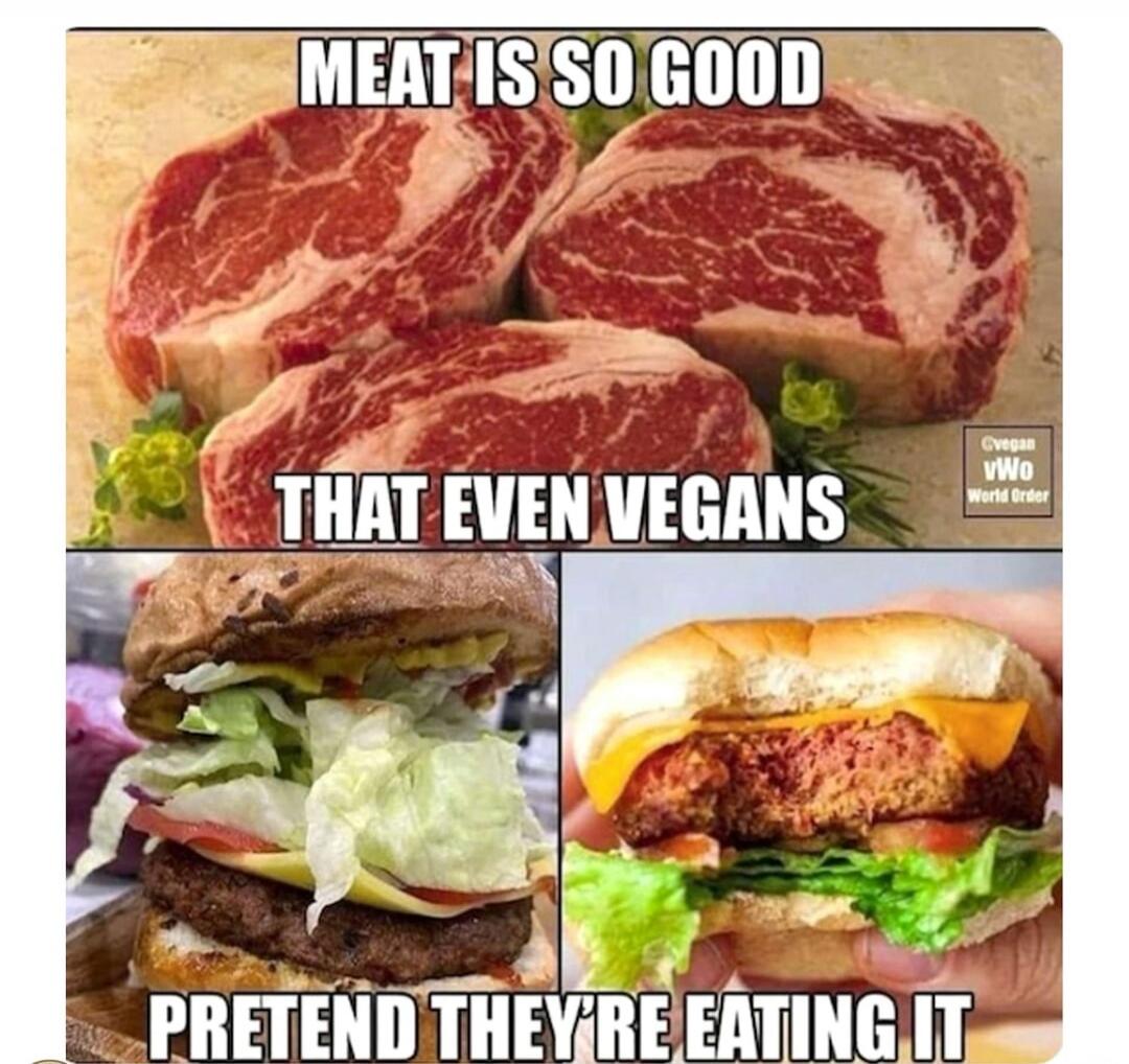 MEAT IS SO GOOD THAT EVEN VEGANS PRETEND THEY'RE EATING IT @vegan vWo World Order