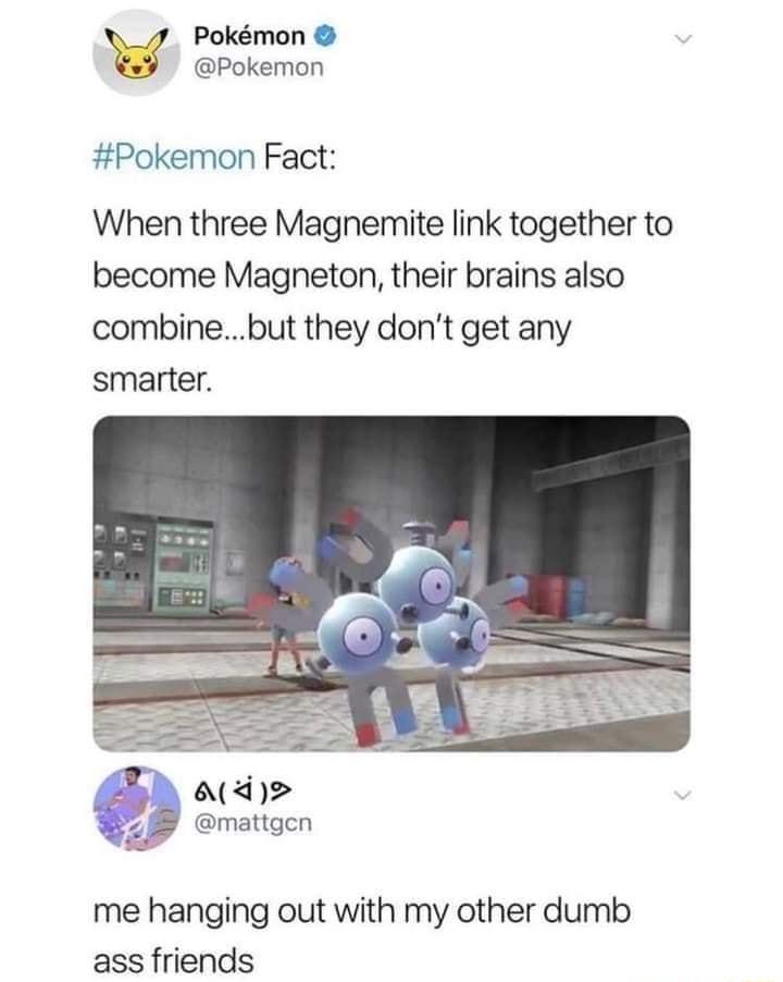 Pokmon Pokemon Pokemon Fact When three Magnemite link together to become Magneton their brains also combinebut they dont get any smarter me hanging out with my other dumb ass friends