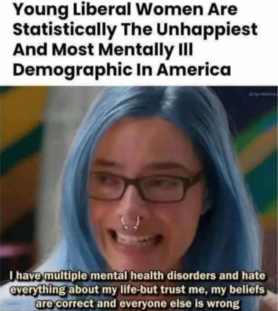 Young Liberal Women Are Statistically The Unhappiest And Most Mentally Ill Demographic In America
I have multiple mental health disorders and hate everything about my life-but trust me, my beliefs are correct and everyone else is wrong