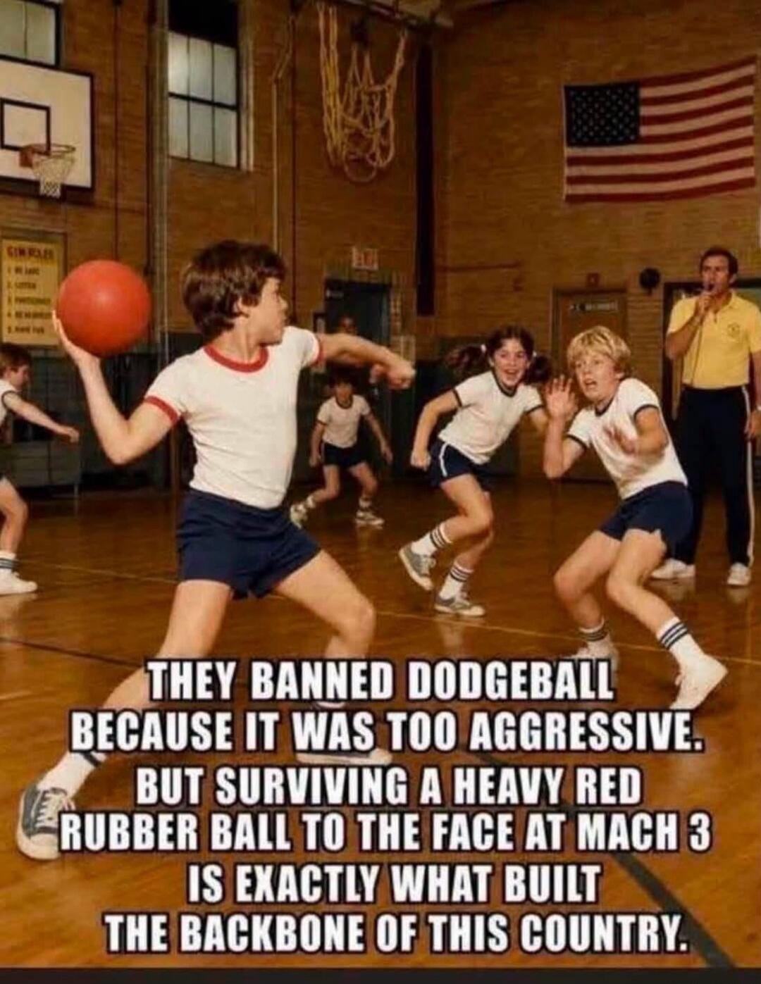 THEY BANNED DODGEBALL BECAUSE IT WAS TOO AGGRESSIVE. BUT SURVIVING A HEAVY RED RUBBER BALL TO THE FACE AT MACH 3 IS EXACTLY WHAT BUILT THE BACKBONE OF THIS COUNTRY.