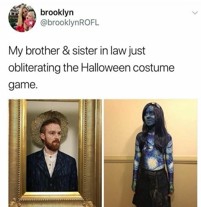 My brother & sister in law just obliterating the Halloween costume game.