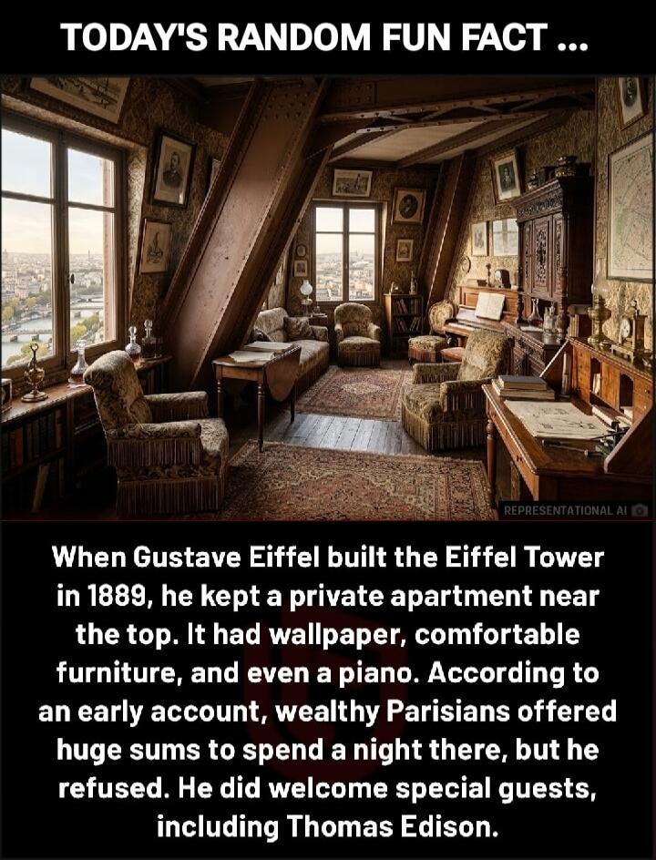 TODAY'S RANDOM FUN FACT ... When Gustave Eiffel built the Eiffel Tower in 1889, he kept a private apartment near the top. It had wallpaper, comfortable furniture, and even a piano. According to an early account, wealthy Parisians offered huge sums to spend a night there, but he refused. He did welcome special guests, including Thomas Edison.
