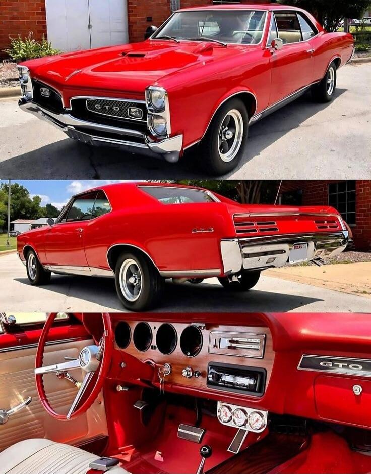GTO badge on grille; Pontiac GTO; red classic muscle car with chrome trim; red interior dash and steering wheel.
