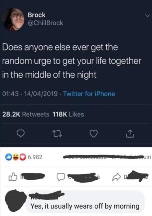 Brock w Does anyone else ever get the random urge to get your life together in the middle of the night 282K 18K Yes it usually wears off by morning