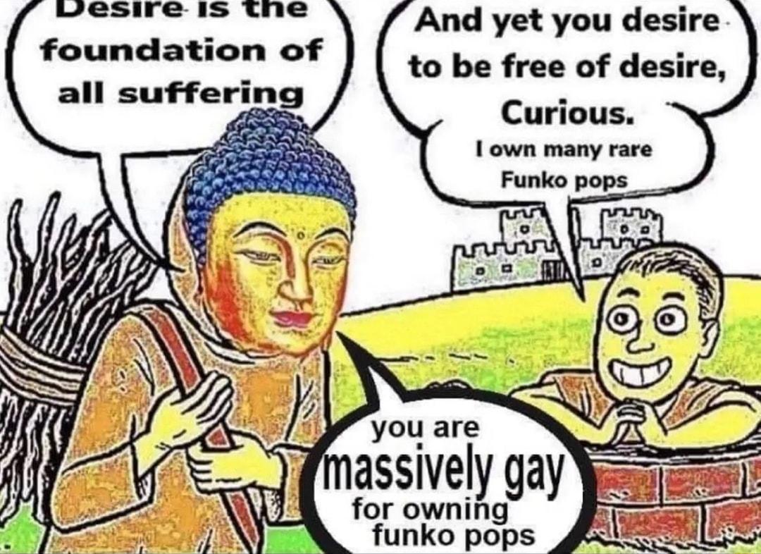 Uesire is the foundation of all suffering And yet you desire to be free of desire Curious you are assively gay for owning funko pops