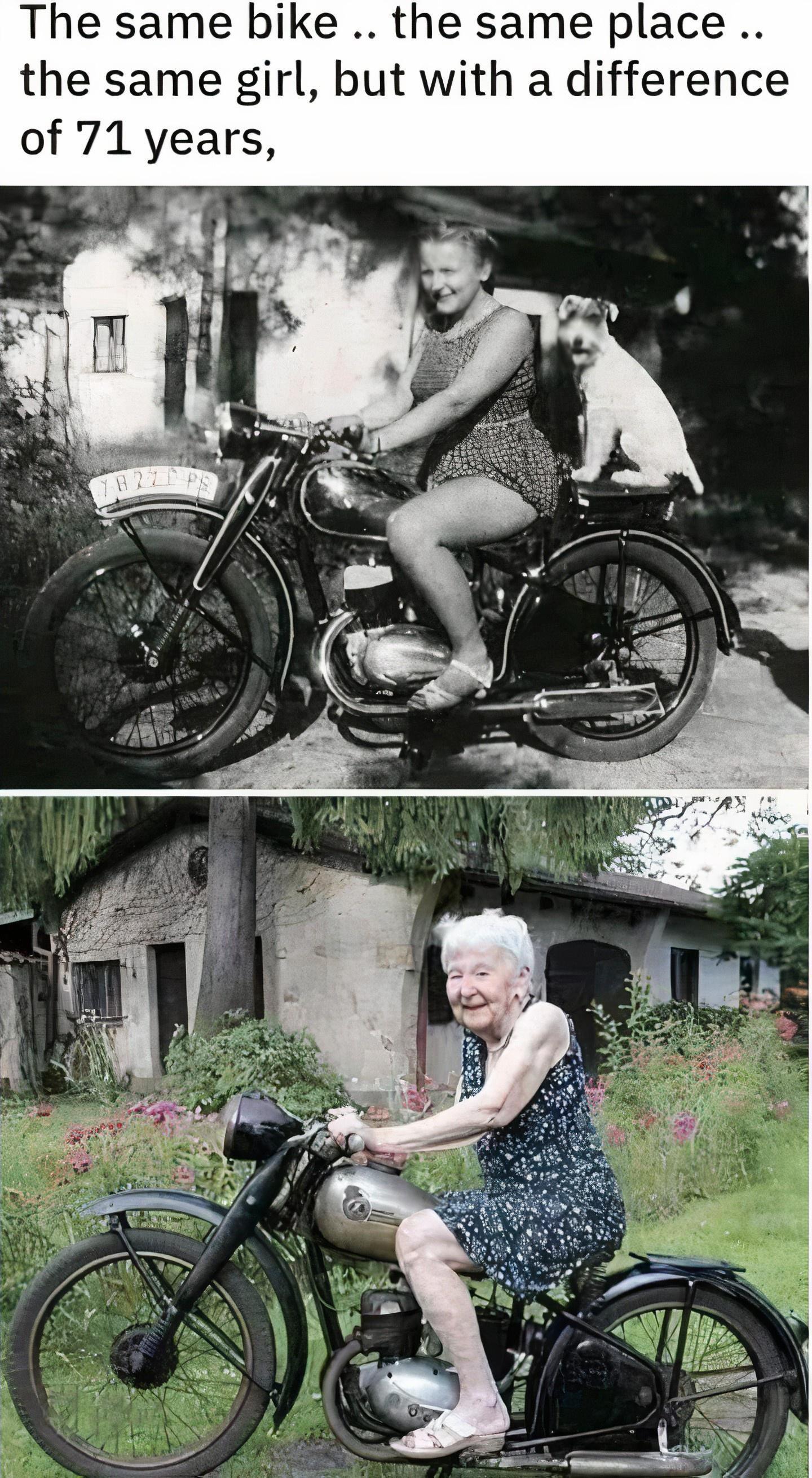 The same bike the same place the same girl but with a difference of 71 years v
