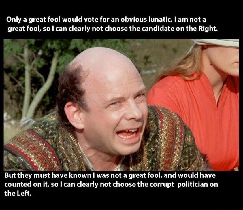 Only a great fool would vote for an obvious lunatic. I am not a great fool, so I can clearly not choose the candidate on the Right. But they must have known I was not a great fool, and would have counted on it, so I can clearly not choose the corrupt politician on the Left.