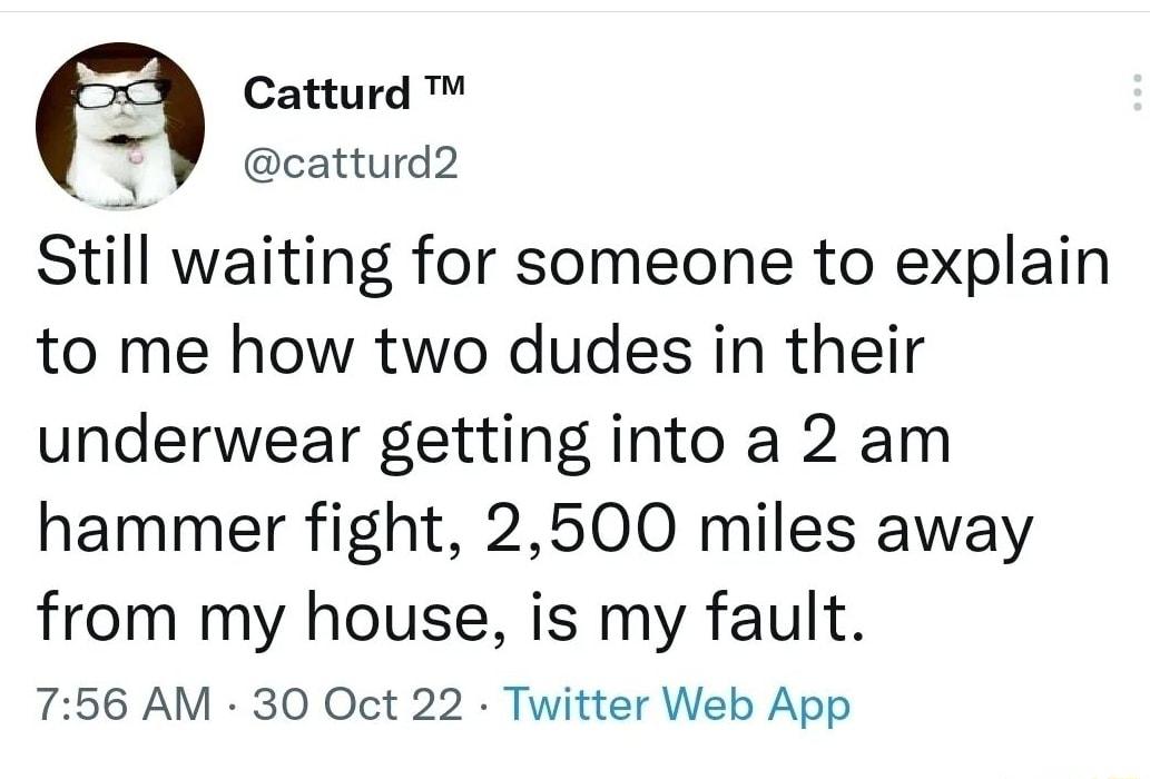 Catturd 3 catturd2 Still waiting for someone to explain to me how two dudes in their underwear getting into a 2 am hammer fight 2500 miles away from my house is my fault 756 AM 30 Oct 22 Twitter Web App
