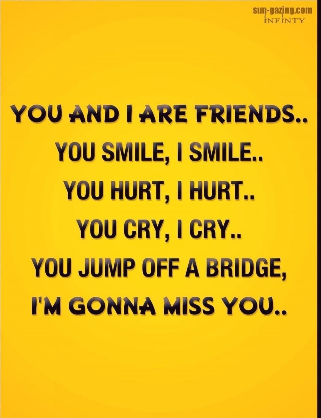 YOU AND I ARE FRIENDS.. YOU SMILE, I SMILE.. YOU HURT, I HURT.. YOU CRY, I CRY.. YOU JUMP OFF A BRIDGE, I'M GONNA MISS YOU..