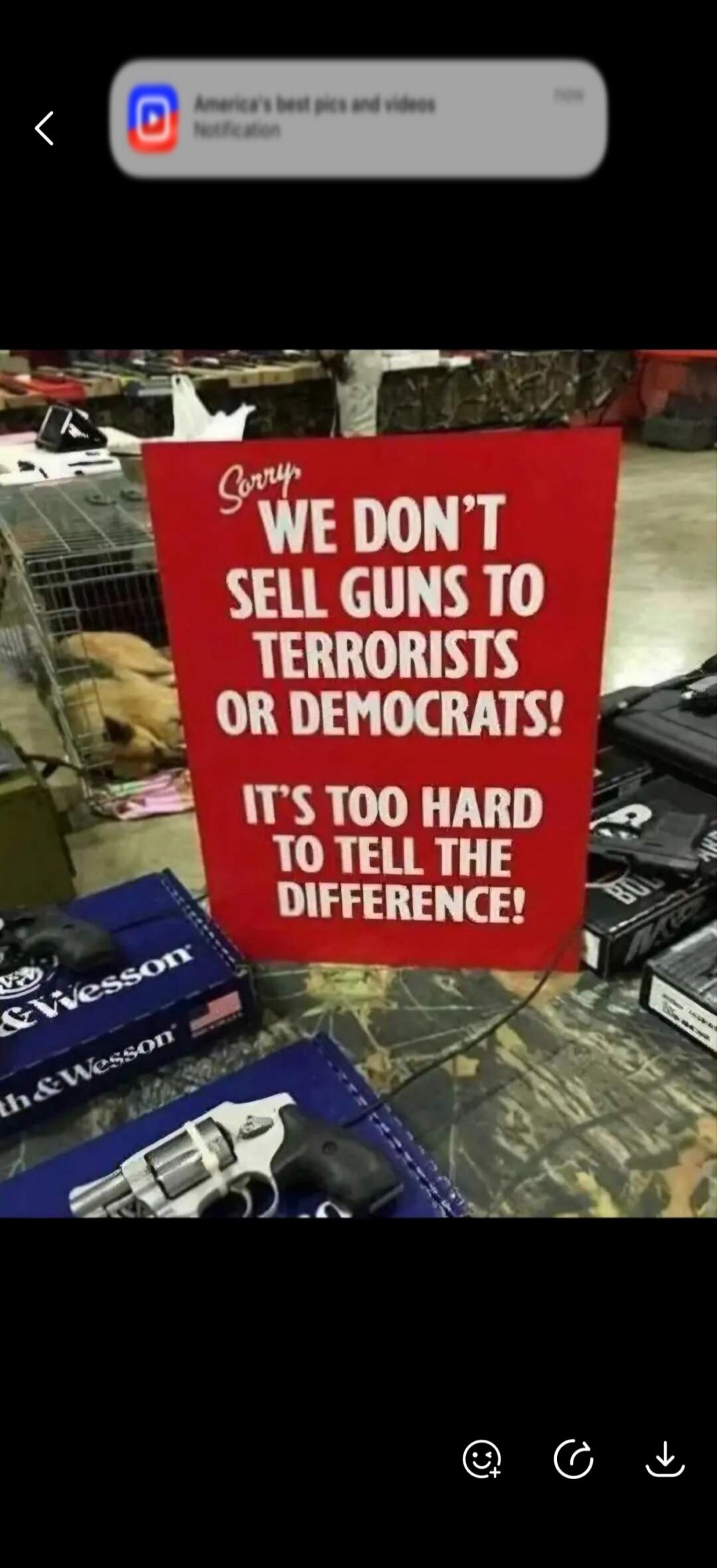 Sorry WE DON'T SELL GUNS TO TERRORISTS OR DEMOCRATS! IT'S TOO HARD TO TELL THE DIFFERENCE! America's best pics and videos Notification