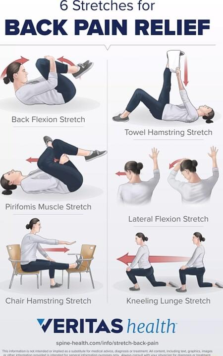 6 Stretches for BACK PAIN RELIEF y Back Flexion Stretch Towel Hamstring Stretch 4 Pirifomis Muscle Stretch i Lateral Flexion Stretch JL n Chair Hamstring Stretch Kneeling Lunge Stretch WERITAS health spine haalthcomvinfolstratch back pain