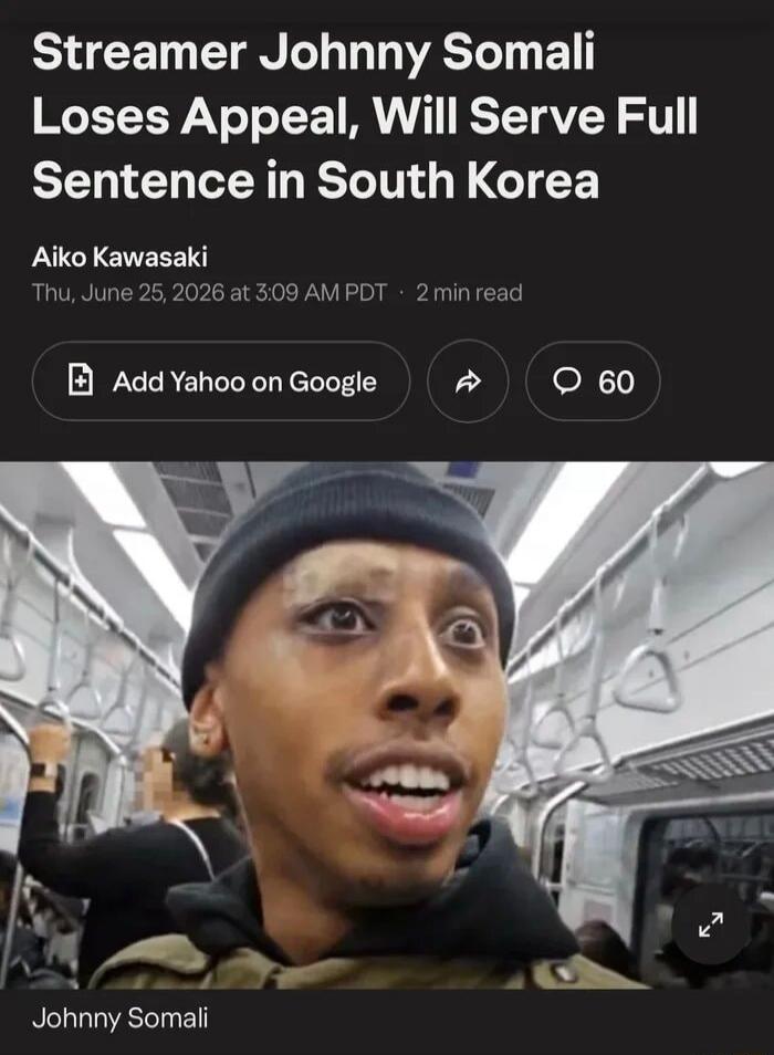 Streamer Johnny Somali Loses Appeal, Will Serve Full Sentence in South Korea. Johnny Somali.
