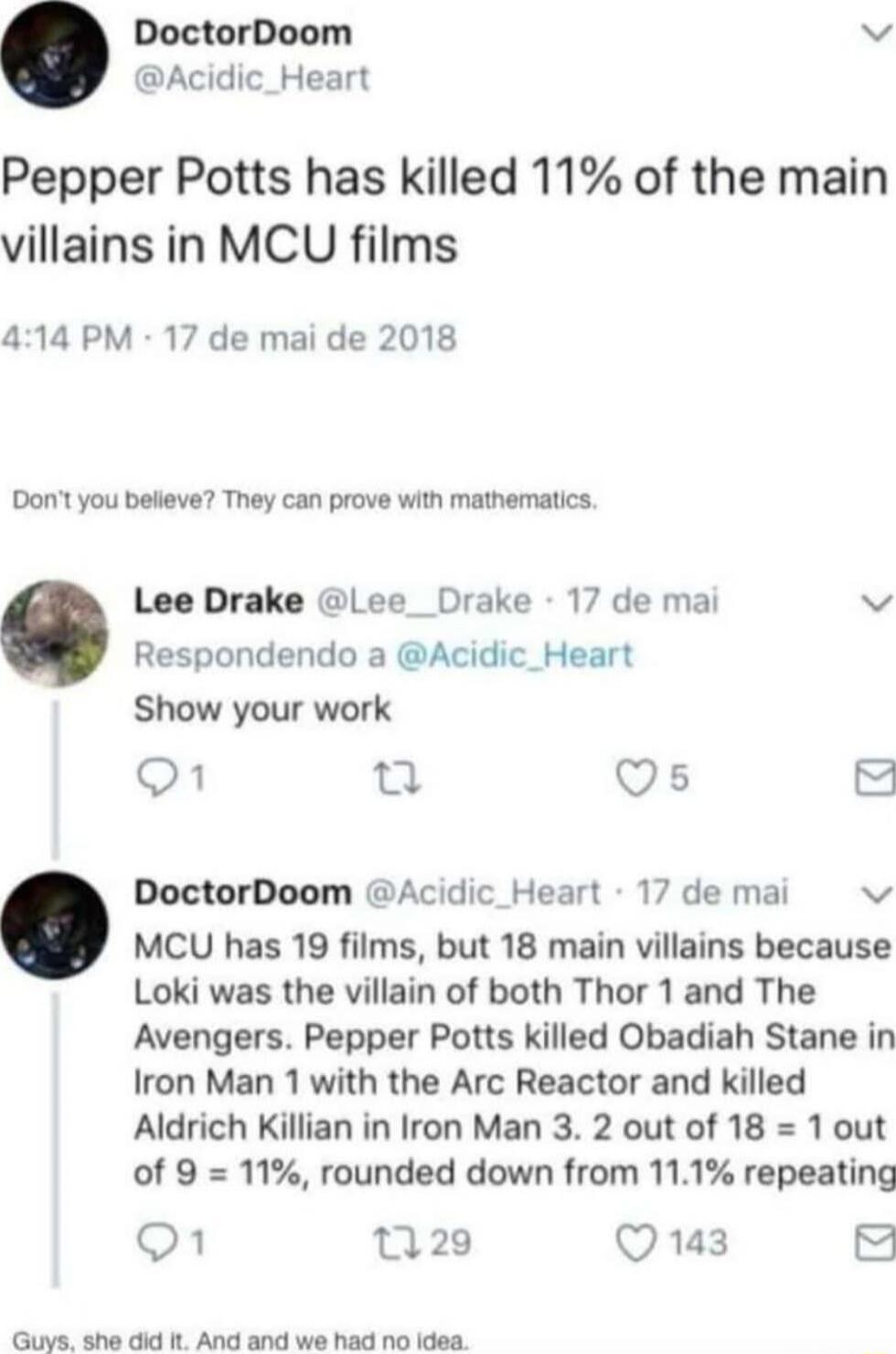 Pepper Potts has killed 11% of the main villains in MCU films
Don't you believe? They can prove with mathematics.
Lee Drake @Lee__Drake: Show your work
MCU has 19 films, but 18 main villains because Loki was the villain of both Thor 1 and The Avengers. Pepper Potts killed Obadiah Stane in Iron Man 1 with the Arc Reactor and killed Aldrich Killian i