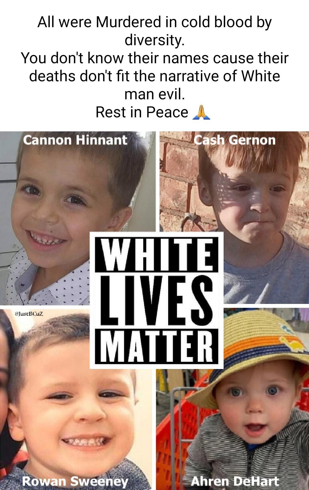 All were Murdered in cold blood by diversity You dont know their names cause their deaths dontt fit the narrative of White man evil Rest in Peace Cannon Hinnant Cash Gernon 7 Rowdn Sweeney Ahren DeHart
