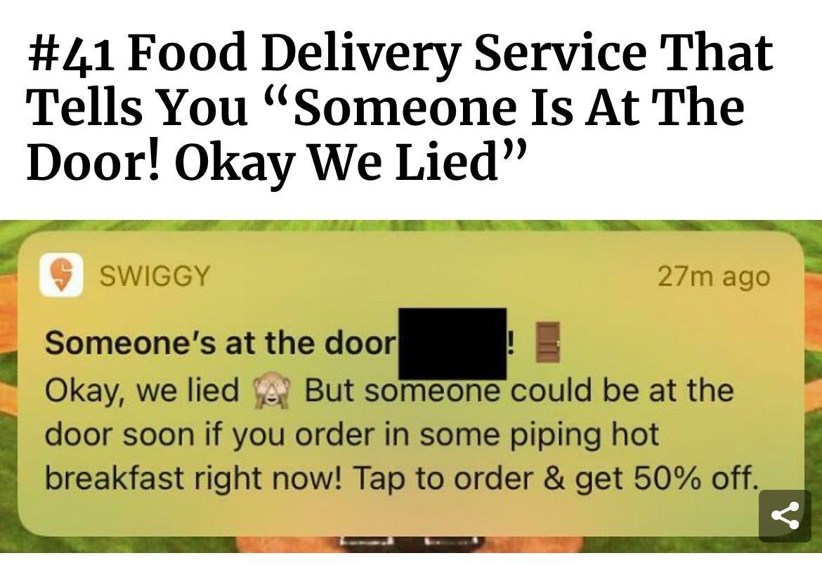 41 Food Delivery Service That Tells You Someone Is At The Door Okay We Lied P e 27mago i Someones at the door E Okay we lied But someone could be at the door soon if you order in some piping hot breakfast right now Tap to order get 50 off