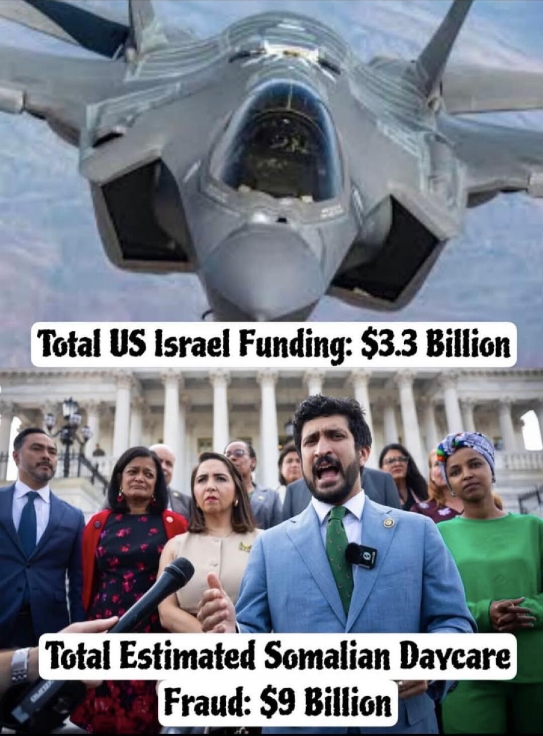 Total US Israel Funding: $3.3 Billion Total Estimated Somalian Daycare Fraud: $9 Billion