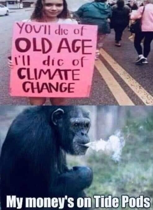 You'll die of OLD AGE I'll die of CLIMATE CHANGE. My money's on Tide Pods.