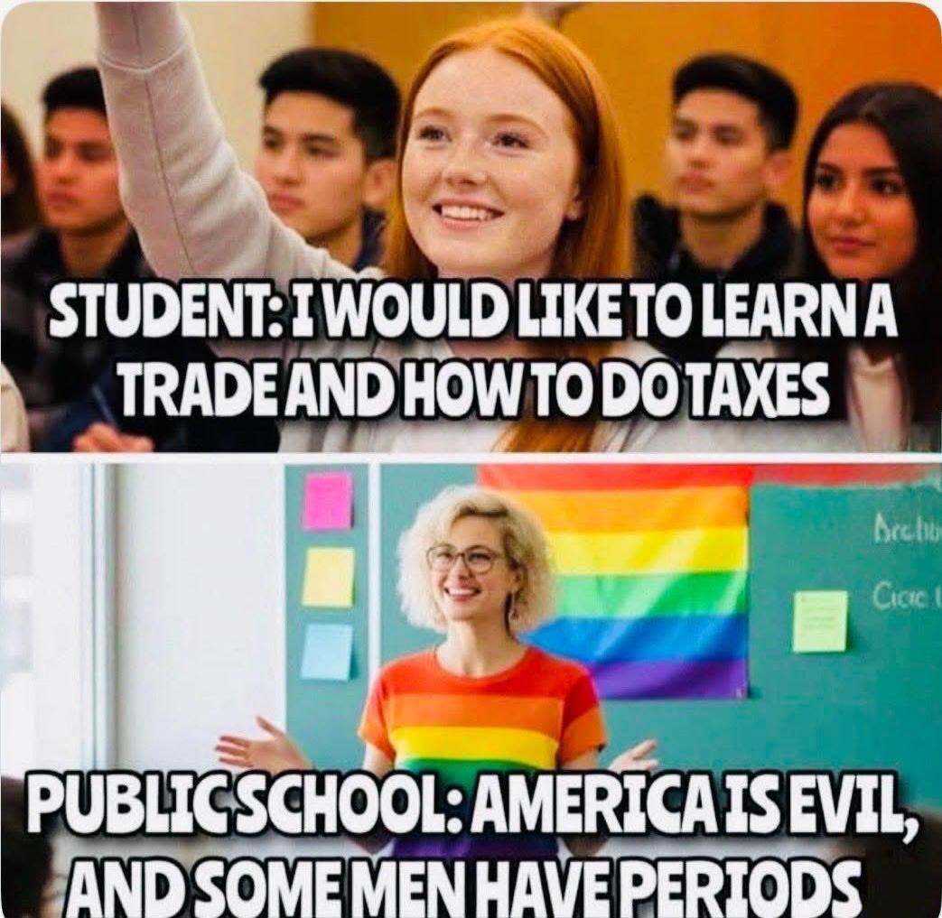 STUDENT: I WOULD LIKE TO LEARN A TRADE AND HOW TO DO TAXES PUBLIC SCHOOL: AMERICA IS EVIL, AND SOME MEN HAVE PERIODS