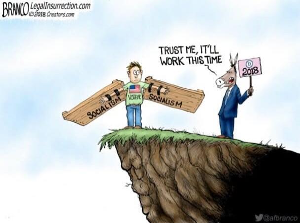 BRANCO LegalInsurrection.com ©2018 Creators.com. A man labeled 'VOTER' is shackled to two wooden planks, both inscribed with 'SOCIALISM', standing precariously on the edge of a cliff. A donkey, representing the Democratic party, holds a sign that reads 'D 2018' and says, 'TRUST ME, IT'LL WORK THIS TIME', seemingly encouraging the voter towards the 