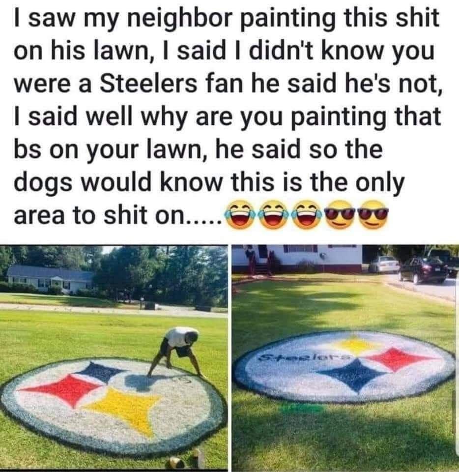 saw my neighbor painting this shit on his lawn said didnt know you were a Steelers fan he said hes not said well why are you painting that bs on your lawn he said so the dogs would know this is the only area to shit on wwee