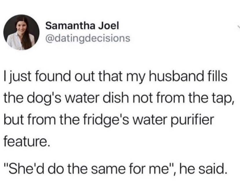 Samantha Joel datingdecisions just found out that my husband fills the dogs water dish not from the tap but from the fridges water purifier feature Shed do the same for me he said