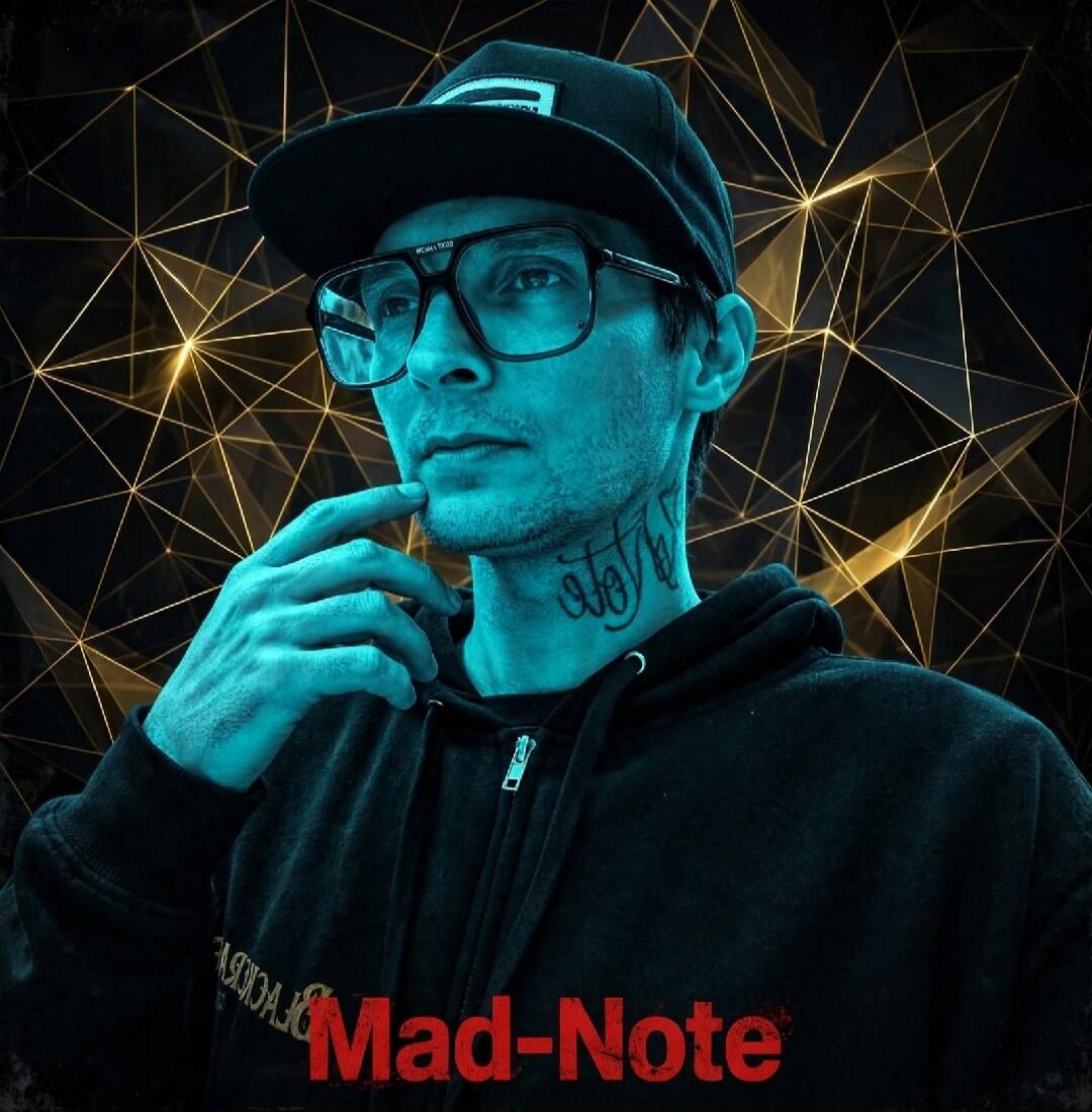 A man wearing a black cap and glasses, with a tattoo on his neck, poses thoughtfully with his hand on his chin. He is wearing a black hoodie. Text visible includes 'Mad-Note', 'BLACKJACK' (reversed on hoodie), 'HOMETOWN' (on glasses), and 'R' (on cap).