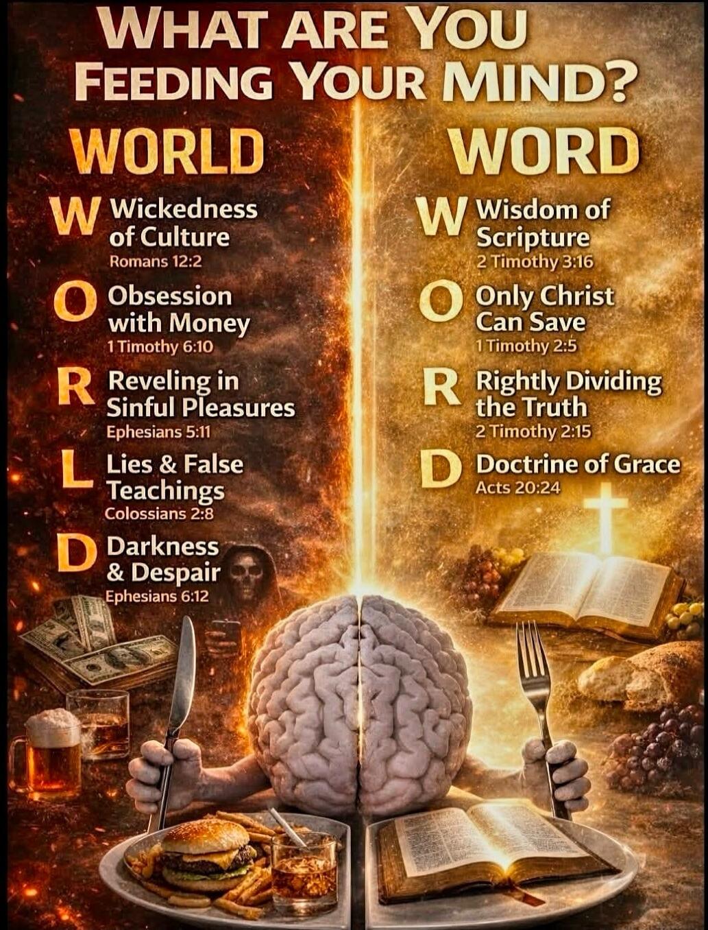 WHAT ARE YOU FEEDING YOUR MIND? WORLD W Wickedness of Culture Romans 12:2 O Obsession with Money 1 Timothy 6:10 R Reveling in Sinful Pleasures Ephesians 5:11 L Lies & False Teachings Colossians 2:8 D Darkness & Despair Ephesians 6:12 WORD W Wisdom of Scripture 2 Timothy 3:16 O Only Christ Can Save 1 Timothy 2:5 R Rightly Dividing the Truth 2 Timoth