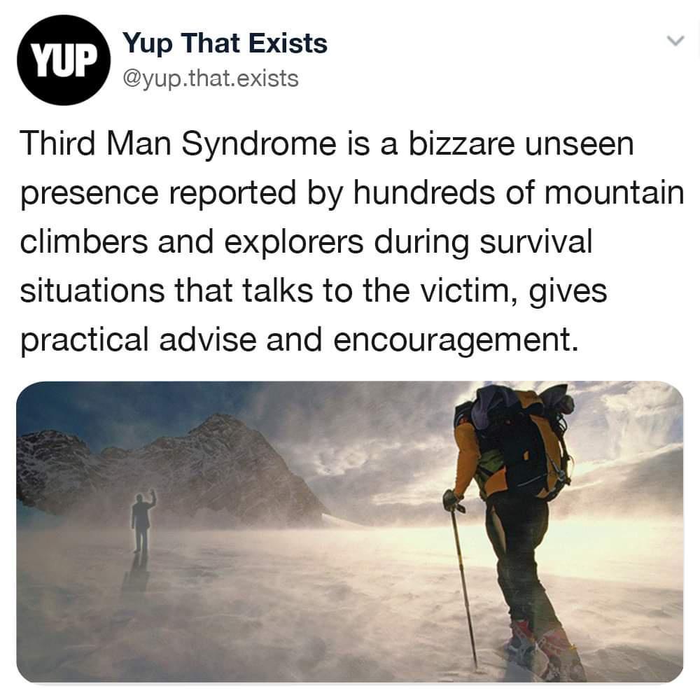 Yup That Exists yupthatexists Third Man Syndrome is a bizzare unseen presence reported by hundreds of mountain climbers and explorers during survival situations that talks to the victim gives practical advise and encouragement
