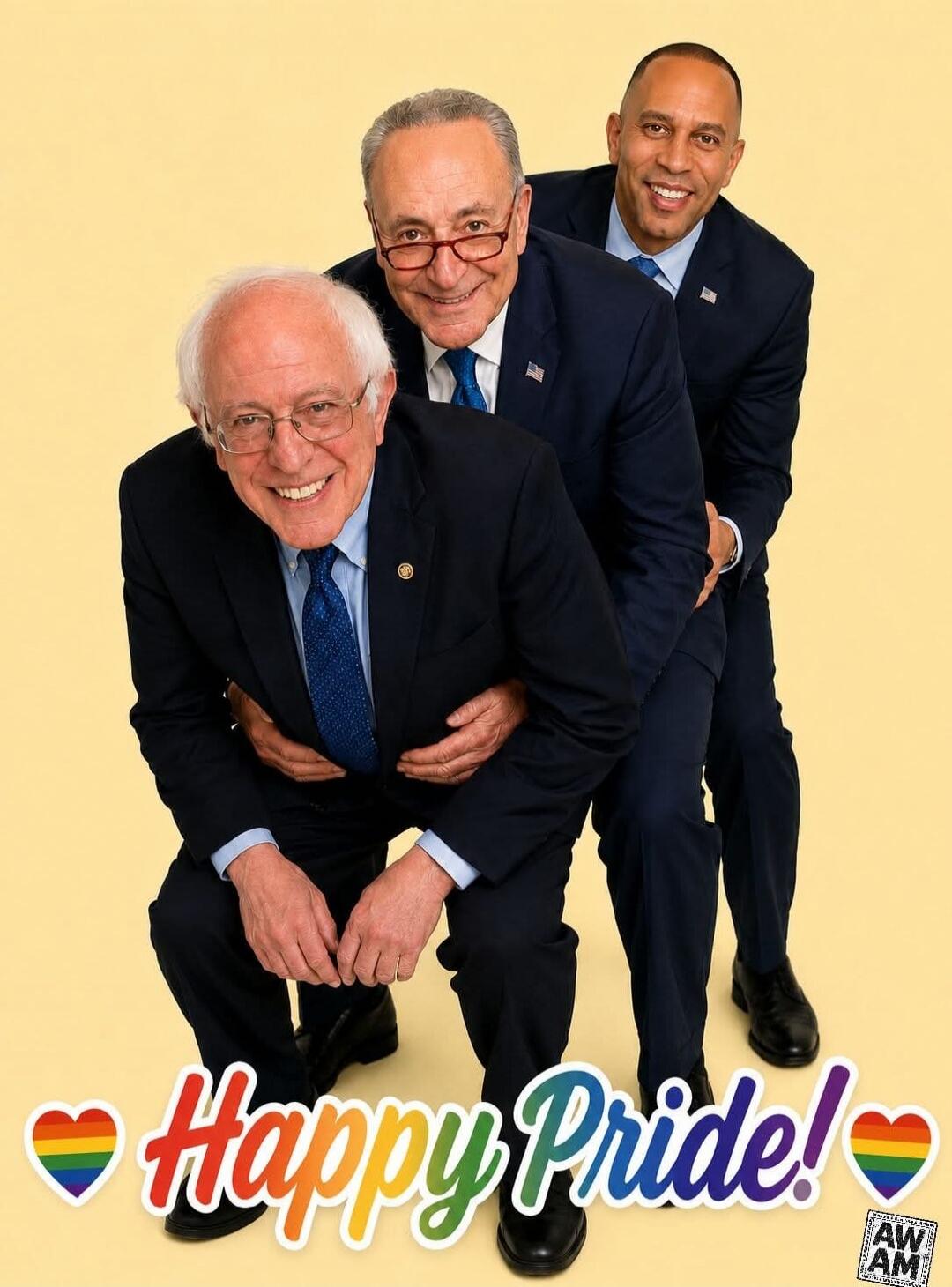 Happy Pride! Three US politicians, Bernie Sanders, Chuck Schumer, and Hakeem Jeffries, are posing in a playful 'train' formation.