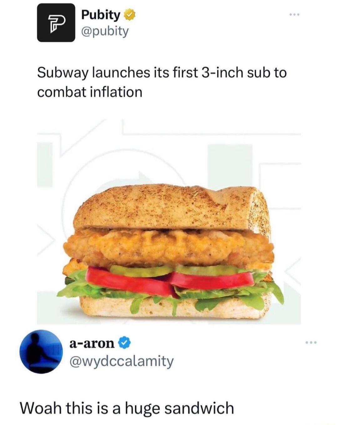 Subway launches its first 3 inch sub to combat inflation a aron wydccalamity Woah this is a huge sandwich