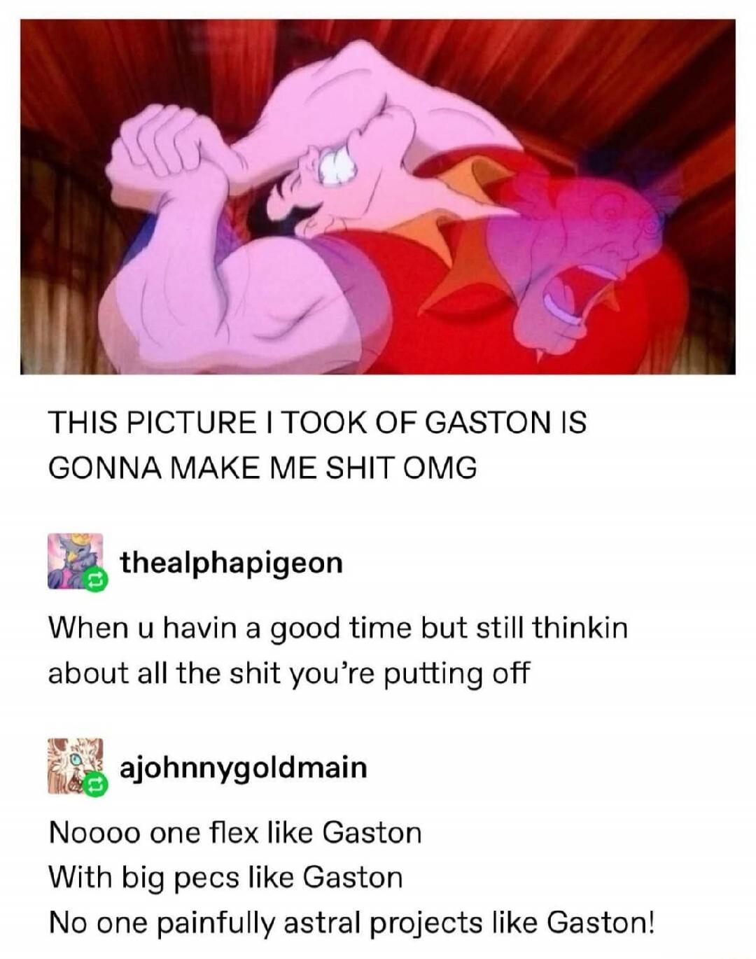 THIS PICTURE I TOOK OF GASTON IS GONNA MAKE ME SHIT OMG. When you're having a good time but still thinking about all the shit you're putting off. No one flexes like Gaston. With big pecs like Gaston. No one painfully astral projects like Gaston!