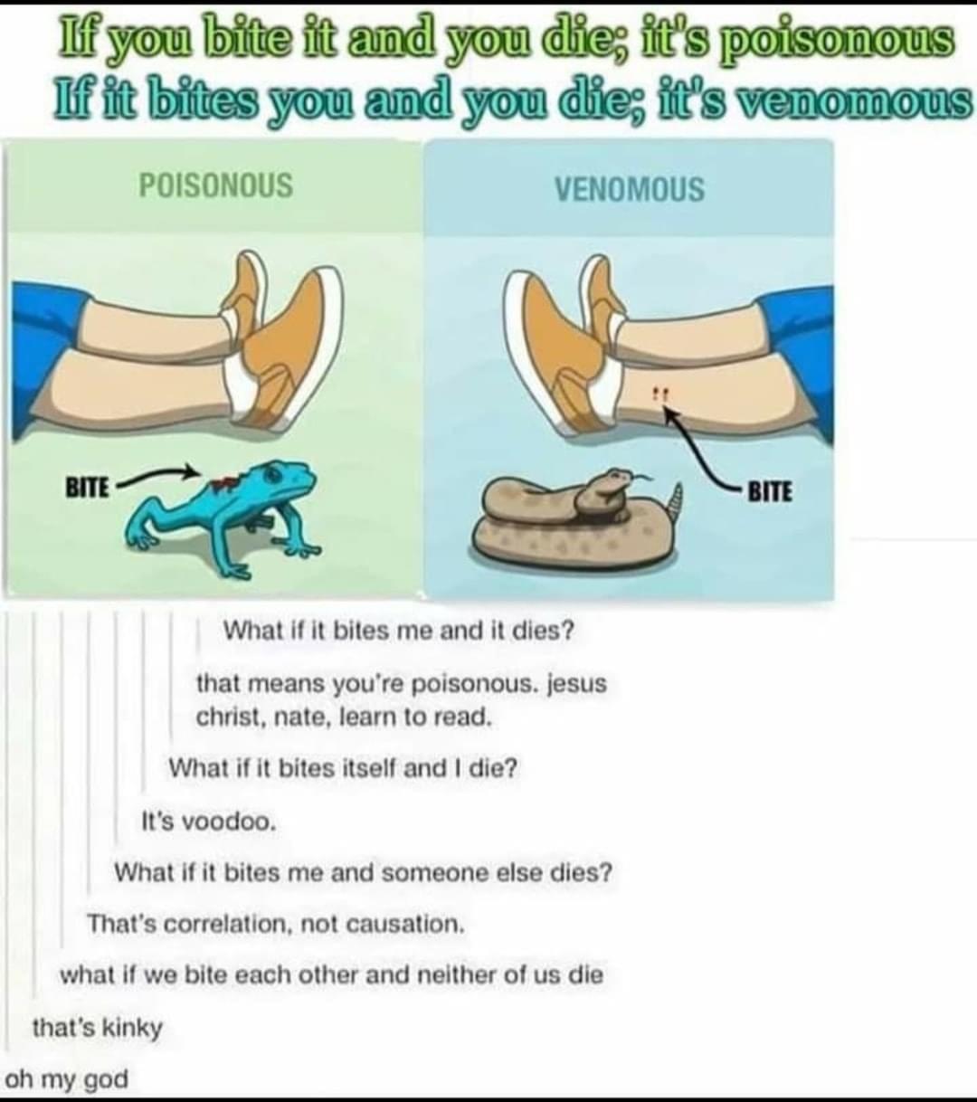 Iif you bifie fit amd you dlie its poisomous Iff it bites you and you diie its venomous POISONOUS What if it bites me and it dies that means youre poisonous jesus christ nate learn to read What if it bites itself and die Its voodoo What if it bites me and someone else dies Thats correlation not causation what if we bite each other and neither of us die thats Kinky oh my god