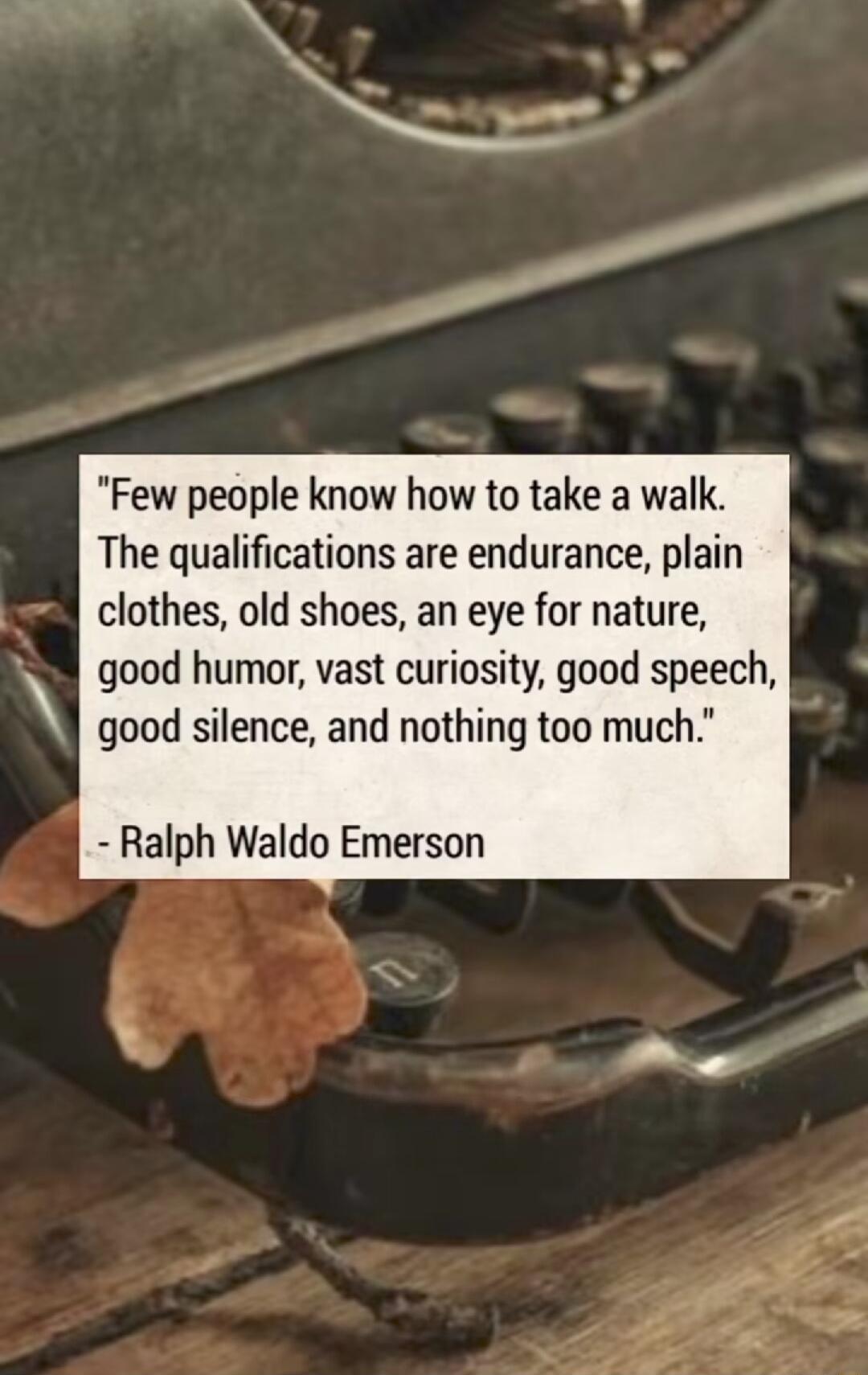 Few people know how to take a walk The qualifications are endurance plain clothes old shoes an eye for nature good humor vast curiosity good speech good silence and nothing too much Ralph Waldo Emerson P P B e