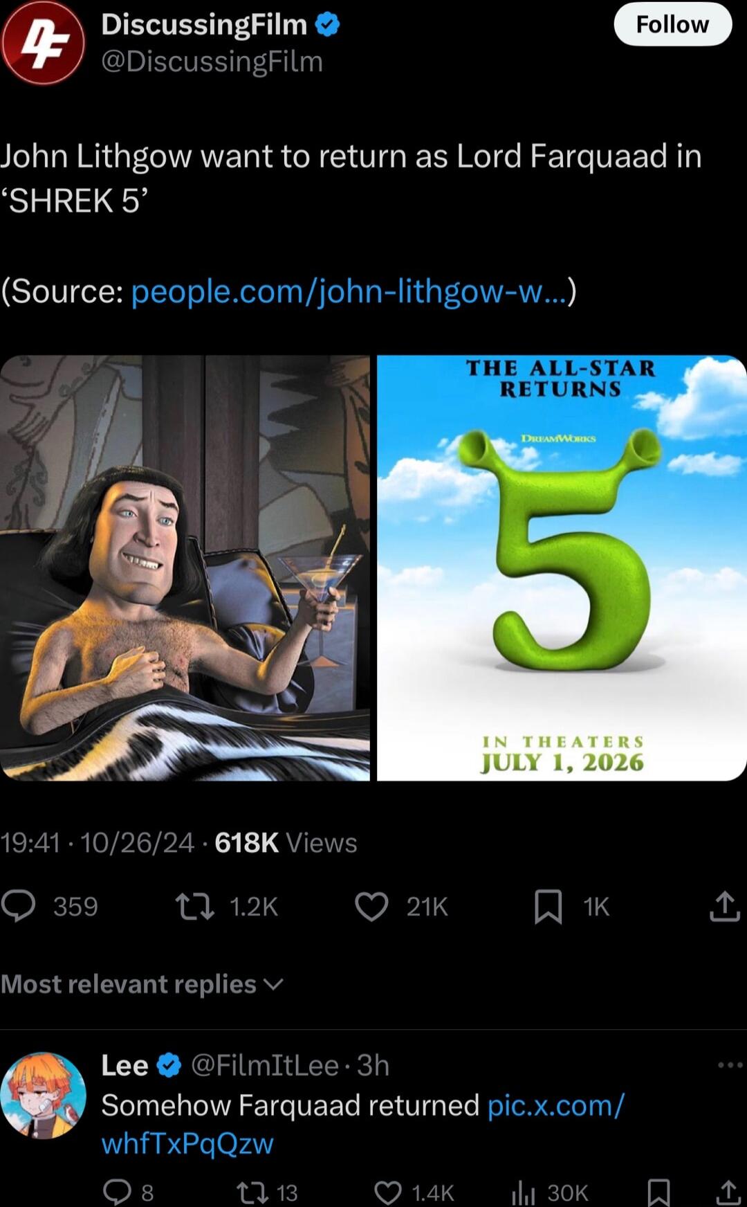 DiscussingFilm DiscussingFilm John Lithgow want to return as Lord Farquaad in SHREK 5 Source peoplecomjohn lithgow w THE ALL STAR RETURNS 618K Vi Qwme Tk Ok QKA Most relevant replies Lee FilmItLee 3h Somehow Farquaad returned picxcom whfTxPqQzw o JEWU SR I To T S N N
