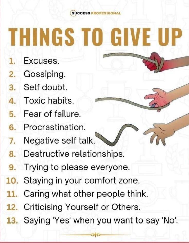 THINGS TO GIVE UP
1. Excuses.
2. Gossiping.
3. Self doubt.
4. Toxic habits.
5. Fear of failure.
6. Procrastination.
7. Negative self talk.
8. Destructive relationships.
9. Trying to please everyone.
10. Staying in your comfort zone.
11. Caring what other people think.
12. Criticising Yourself or Others.
13. Saying 'Yes' when you want to say 'No'.
