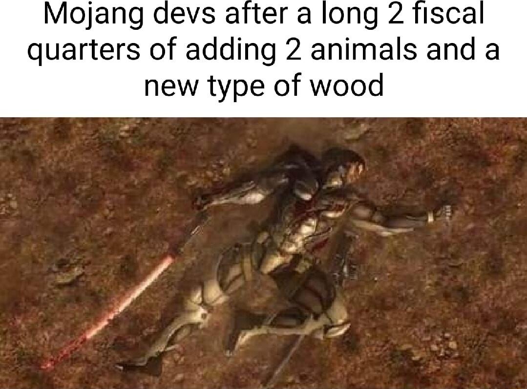 Mojang devs after a long 2 fiscal quarters of adding 2 animals and a new type of wood