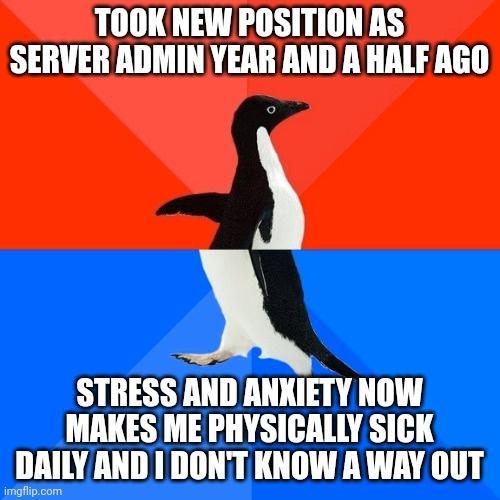 TOOK NEW POSITION AS SERVERADMIN YEAR AND A HALF AGO STRESS AND ANXIETY NOW MAKES ME PHYSICALLY SICK _DAILY AND 1 DONTT KNOW A WAY 0UT