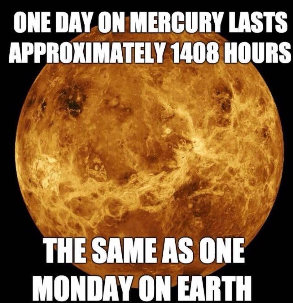 ONE DAY ON MERCURY LASTS APPROXIMATELY 1408 HOURS THE SAME AS ONE MONDAY ON EARTH