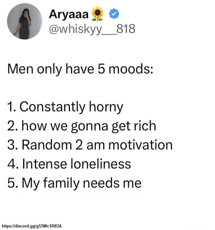 Men only have 5 moods:

1. Constantly horny
2. how we gonna get rich
3. Random 2 am motivation
4. Intense loneliness
5. My family needs me