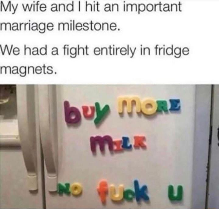 My wife and hit an important marriage milestone e had a fight entirely in fridge magnets