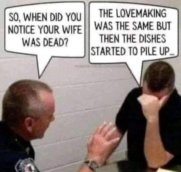So, when did you notice your wife was dead? The lovemaking was the same but then the dishes started to pile up...
