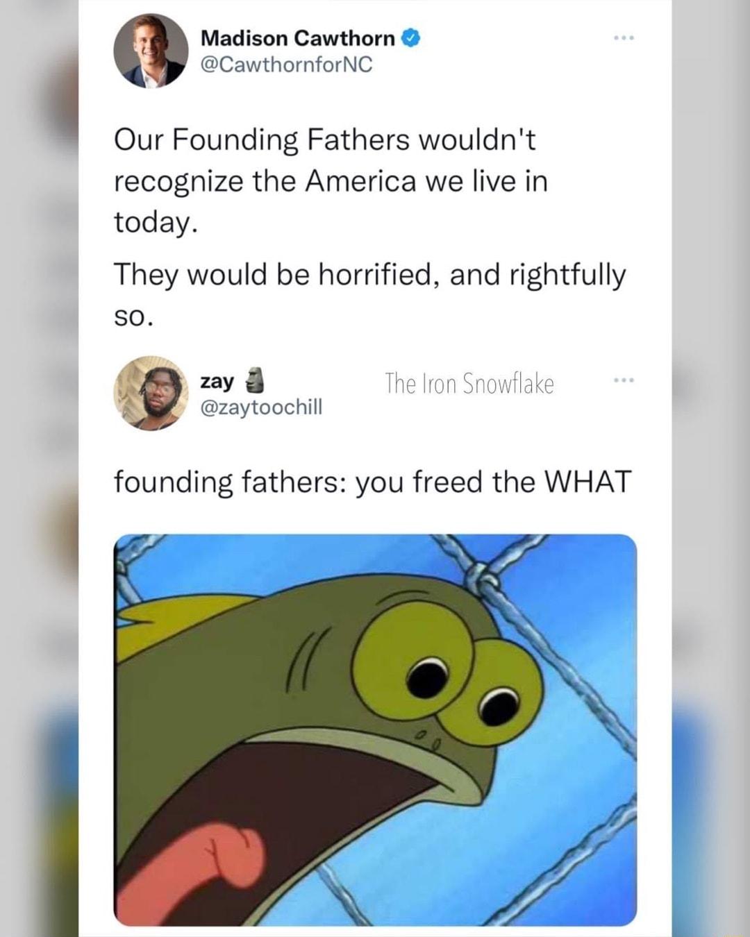 Madison Cawthorn BCawthorforC Our Founding Fathers wouldnt recognize the America we live in today They would be horrified and rightfully so founding fathers you freed the WHAT