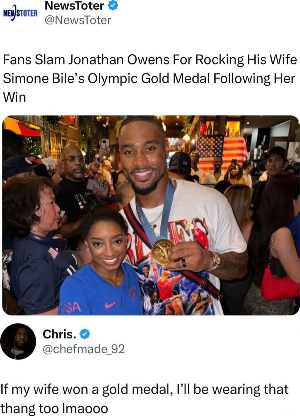 Jsren NewsToter NewsToter Fans Slam Jonathan Owens For Rocking His Wife Simone Biles Olympic Gold Medal Following Her Win Chris chefmade 92 If my wife won a gold medal Ill be wearing that thang too Imaooo