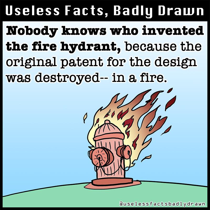 VY R T O T L TR 1T 111 Nobody knows who invented the fire hydrant because the original patent for the design was destroyed in a fire