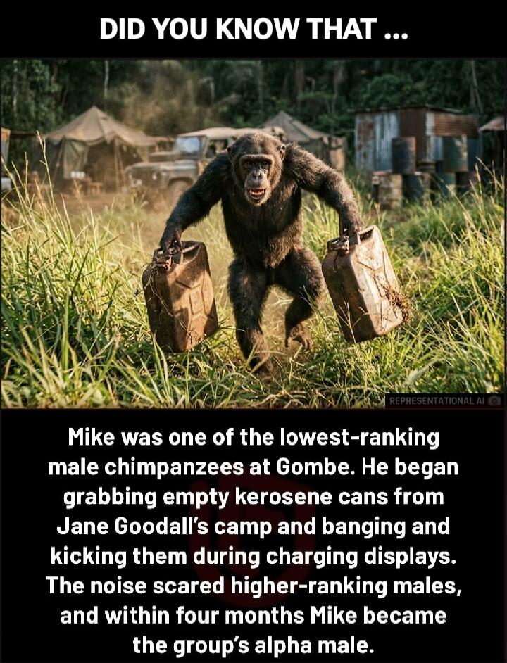DID YOU KNOW THAT ... Mike was one of the lowest-ranking male chimpanzees at Gombe. He began grabbing empty kerosene cans from Jane Goodall's camp and banging and kicking them during charging displays. The noise scared higher-ranking males, and within four months Mike became the group's alpha male.